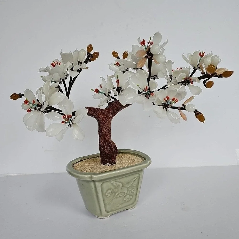Vintage‎ Chinese Glass Bonsai Tree White Flower Celadon Pot Chinoiserie Decor